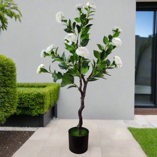 Flowering Natural White Artificial Camellia Tree 100cm