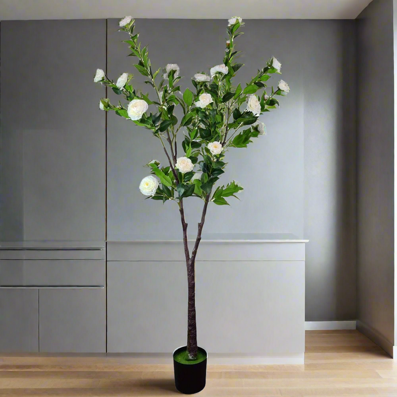 Flowering Natural White Artificial Camellia Tree 180cm