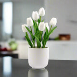 Flowering White Artificial Tulip Plant Arrangement With Ceramic Bowl 35cm